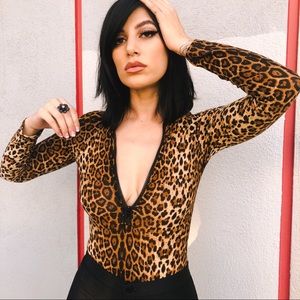 Leopard Print Bodysuit - Sporty Zip Up Turtleneck